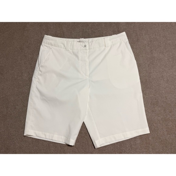NIKE Dri-Fit Shorts woman  Size 12 White Inseam 10" Polyester Cotton Swoosh Logo - Picture 1 of 7